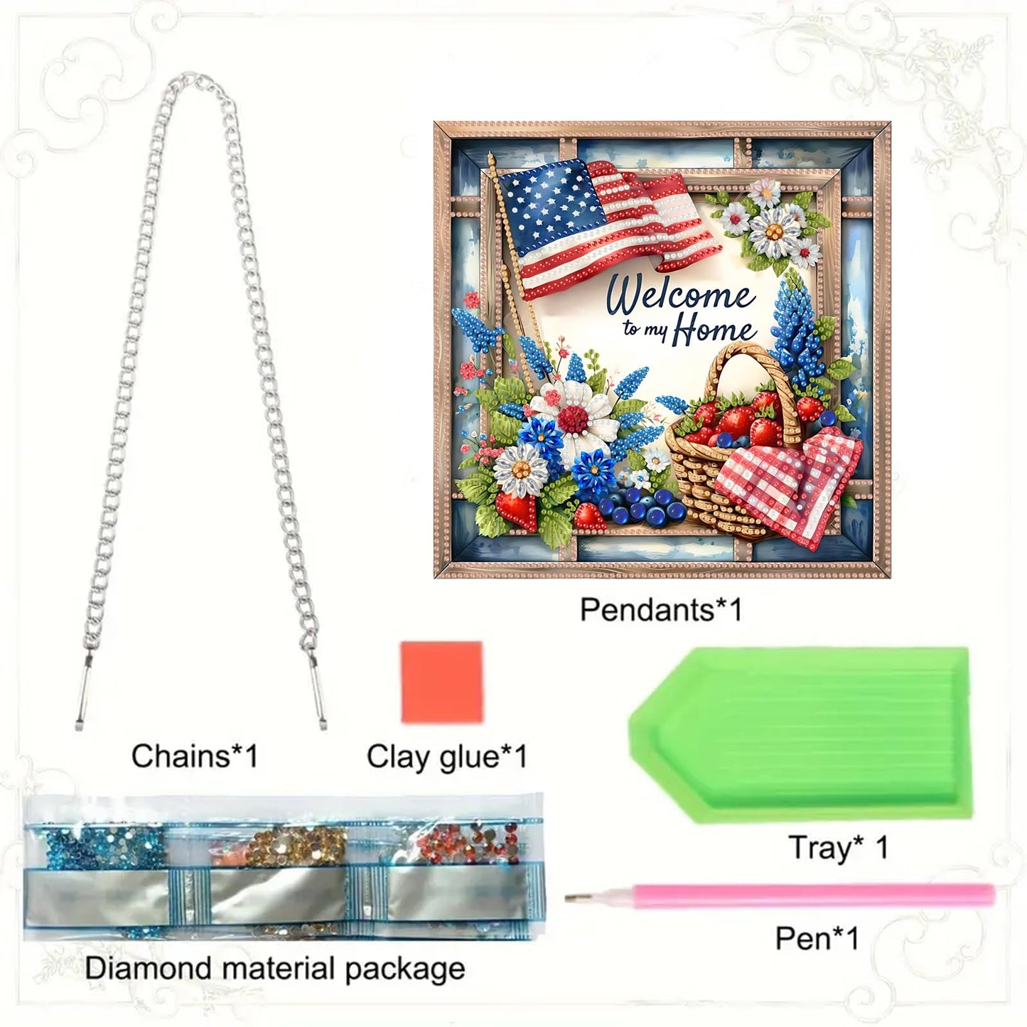 SHLUHA Diamond Art Kits for Adults Diamond Art Welcome Design Special Shape Acrylic Hanging Pendant Crystal Mosaic Home Wall Door Window Decor with Chain Handmade Gift with American Flag(LG53)