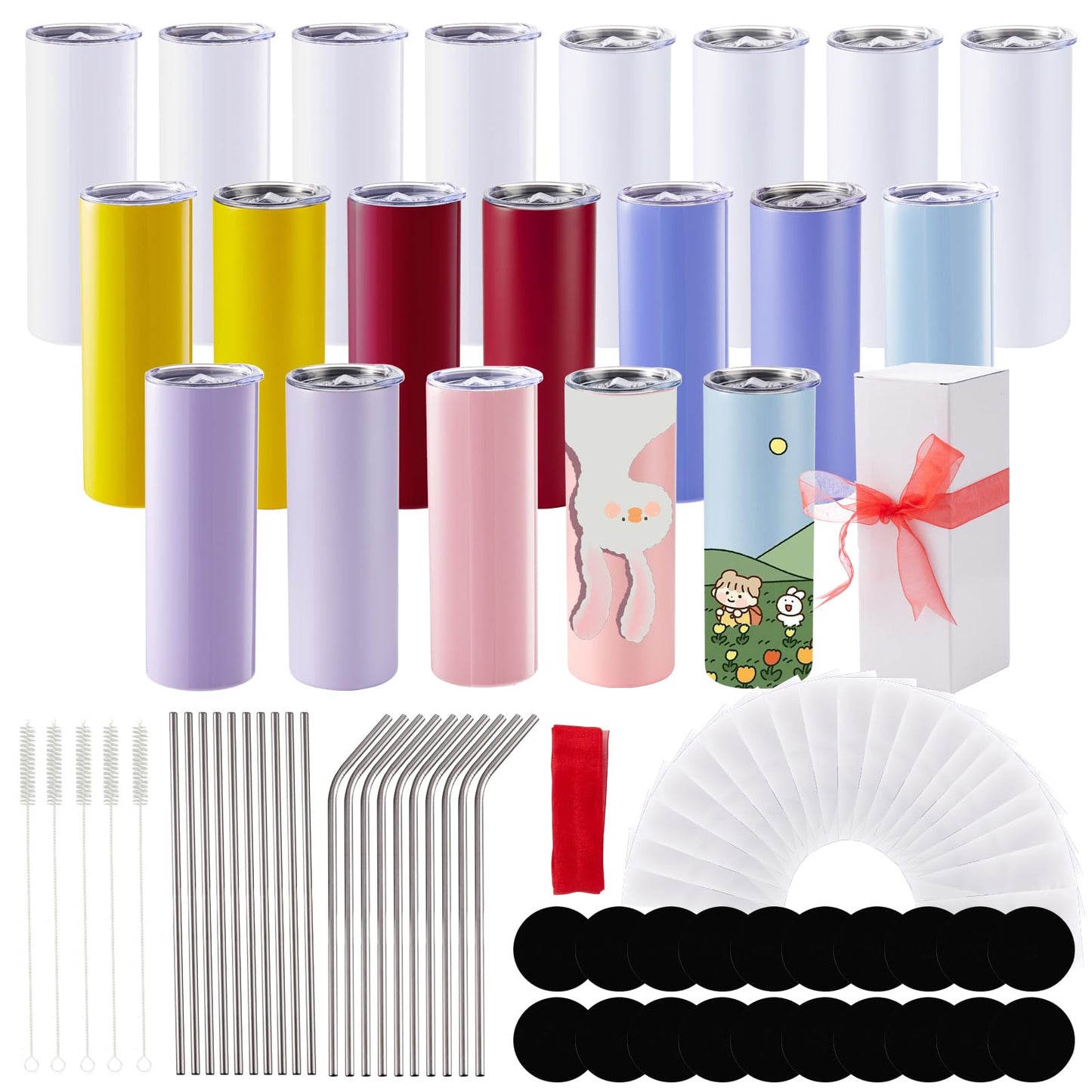 20pcs 20oz Sublimation Tumblers with Lids and Straws, Multi Color Stainless Steel Skinny Tumbler Sublimation Blanks Slim Insulated Cups for Heat Press with Shrink Wrap Water Bottles for Iced Coffee
