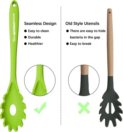 Silicone Cooking Spoons, Heat Resistant Large Slotted Spoon, Solid Basting Spoon Set for Nonstick Cookware (Green)