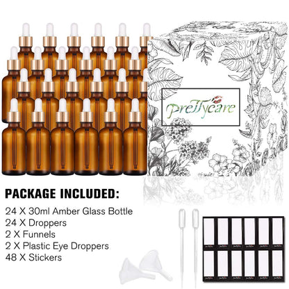 PrettyCare 1oz Glass Dropper Bottle Set of 24, Thick Amber Empty Bottles with Leakproof Golden Caps, Labels, Funnels - 30ml Eye Dropper Bottles for Storage, Essential Oils, Tincture