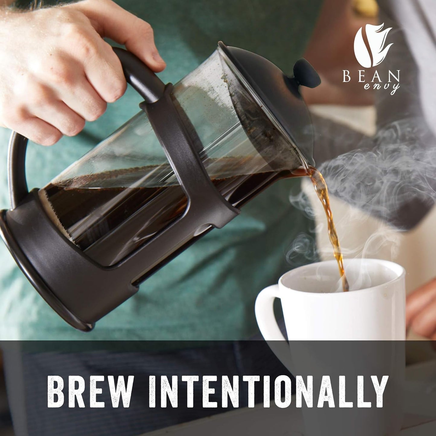 Bean Envy French Press Coffee Maker and Milk Frother Set: 34 oz Glass Carafe & Drink Mixer Duo