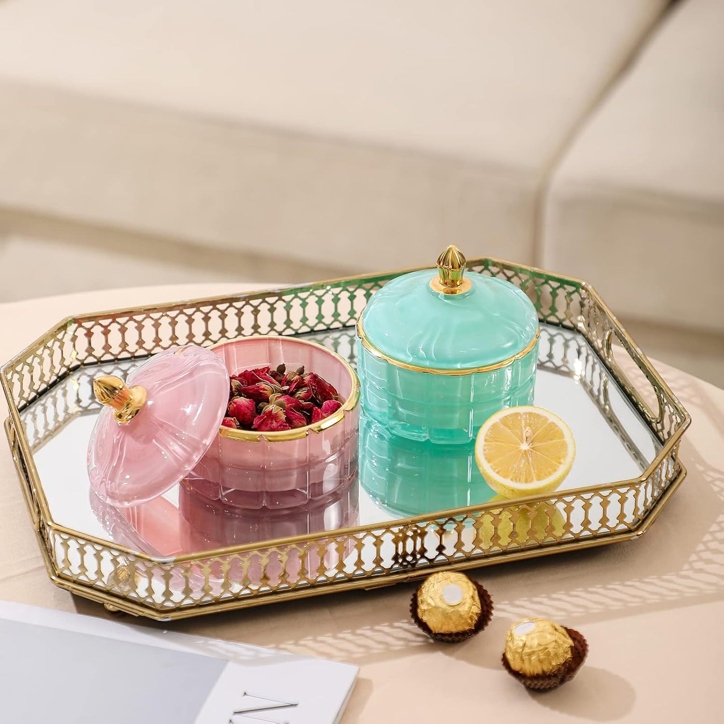 7 oz Pink Glass Jewelry Jar Cube - Facets Candy Storage Sugar Bowl with Lid for Kitchen Bath Gift Organizer