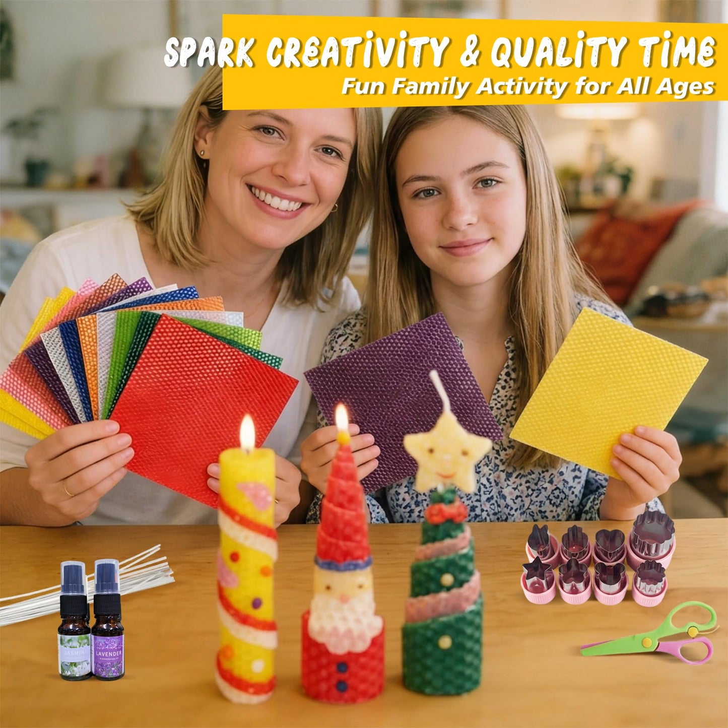 Beeswax Candle Making Kit for Adults & Kids 100% Pure Beeswax Sheet Candle Making Supplies with 20 Colorful Sheets, 8 Press-Out Molds, Glass Candle Holders & Complete Gift Supplies Creative DIY Craft