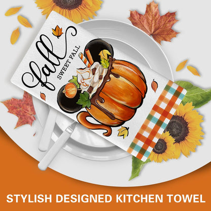 Fall Sweet Fall Cartoon Mouse Pumpkin Kitchen Dish Towels Set of 2 - Autumn Coffee Wreath Doughnut Drying Cloths