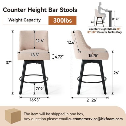 Vipbear Counter Height Bar Stools Set of 2, Modern Linen Fabric Swivel Barstools with Contoured Backs and Solid Wood Legs, 26" Seat Height Upholestered Bar Chairs for Kitchen Island, Flax Beige