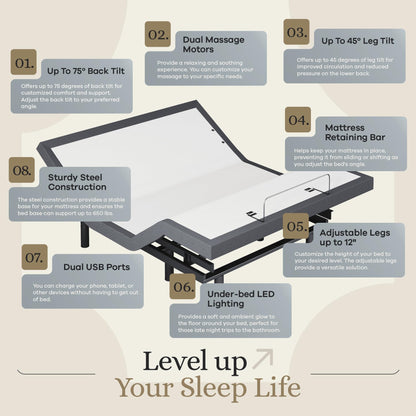 Sven & Son Classic Adjustable Bed Base, Head and Foot Lift, Massage, Under-Bed Lights, USB, Gel Memory, Zero Gravity Smart Frame - Queen + 12 inch Memory Foam Matt (Medium)