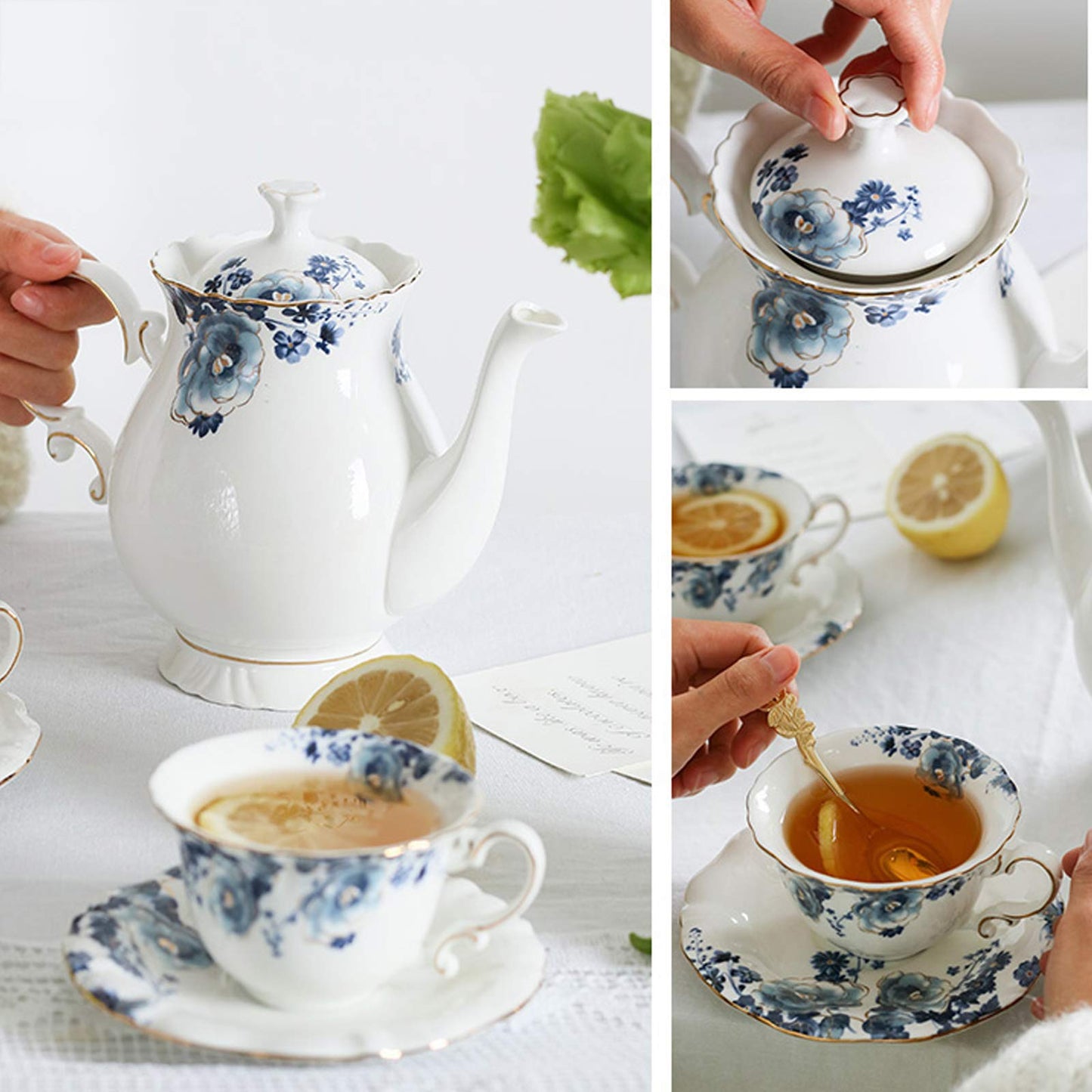 fanquare 21 Pieces Blue Rose British Afternoon Tea Set, Romantic Wedding Birthday Gift Tea Set, Porcelain Coffee Set for Adults