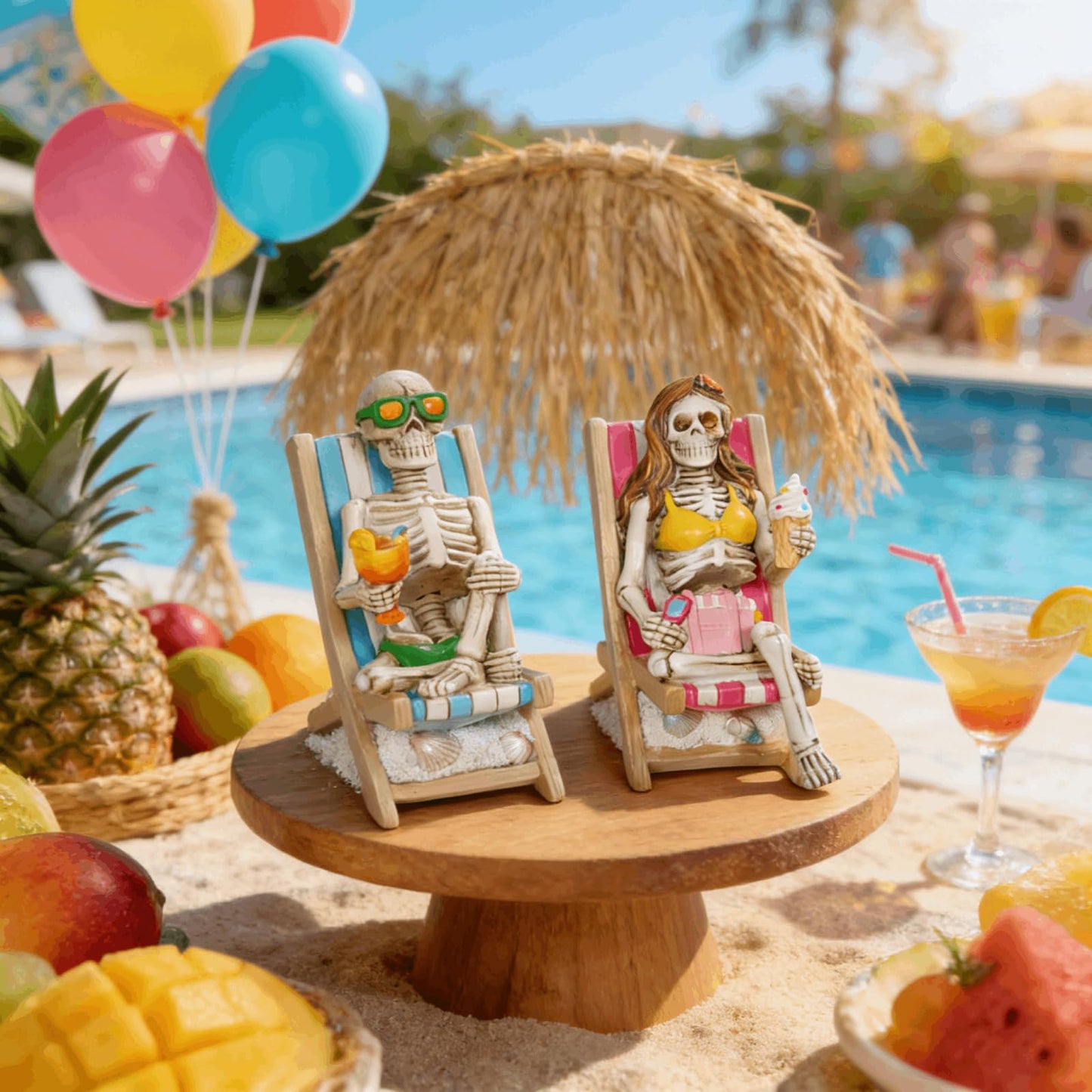 Summerween Skeleton Summer Decor - Resin Set of 2 Skeletons Summer Decorations for Home Tropical Themed Collectible Figurines for Beach Halloween Party & Home Decor Accents 2 x 4 x 4 Inches DiliComing