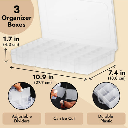 Juvale Jewelry Organizer Box - 3-Pack, 1.7 x 10.75 x 7 In, Clear Plastic - Bead Storage Containers with 36 Compartments & Dividers - Stackable Screw Organizer Box