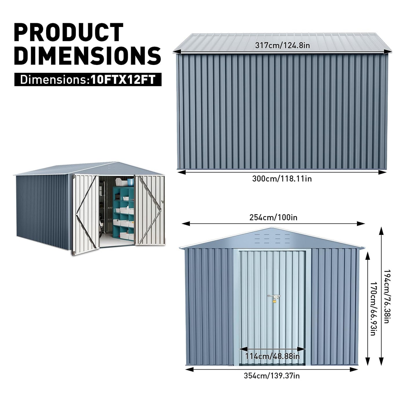 10X12FT Large Metal Outdoor Storage Shed,Galvanized Steel Arden Tool Shed with Lockable Double Doors & Breathable Vent,for Yard Bins/Generator/Wheelbarrow Garden Storage