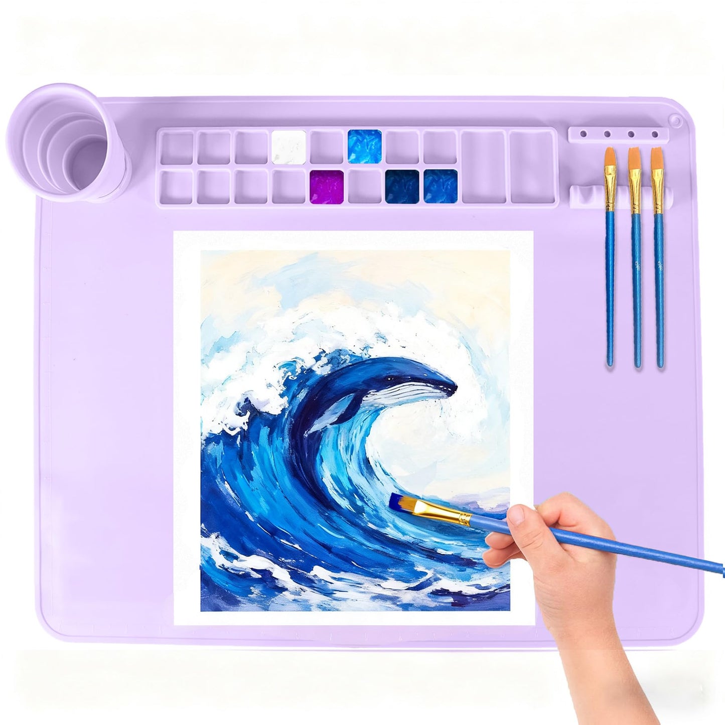 YESCOO Silicone Painting Mat, 20"X16" Craft Mat,Large Art Mat with Built in Cup and Paintbrush Holder, Nonslip Clay Mats, Color Dividers Silicone Mats for Painting, Table, Resin and DIY Purple