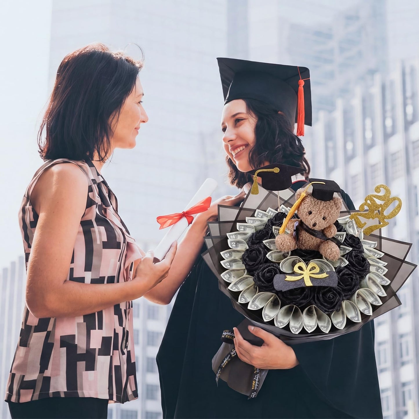 Chunful 143 Pcs Graduation Money Bouquet Kit DIY Flower Bouquet Gifts with Cute Bear Wrapping Paper Graduation Cap Class of 2026 Grad DIY Craft Set for College Middle High School Graduate Party Gift