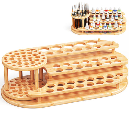 golden maple Bamboo Paint Organizer and Paint Brush Holder 2-in-1, 3-Tier Desktop Storage Rack with 42 Paint Bottle Holes & 39 Paint Brush Slots for Miniature Model Painting & Art Crafts