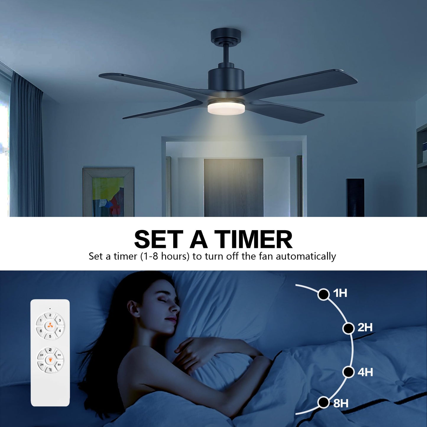 WINGBO 54 Inch DC Ceiling Fan with Lights and Remote Control, 4 Carved Solid Wood Blades, 6-Speed Noiseless Reversible DC Motor, Modern Ceiling Fan in Matte Black Finish with Black Blades