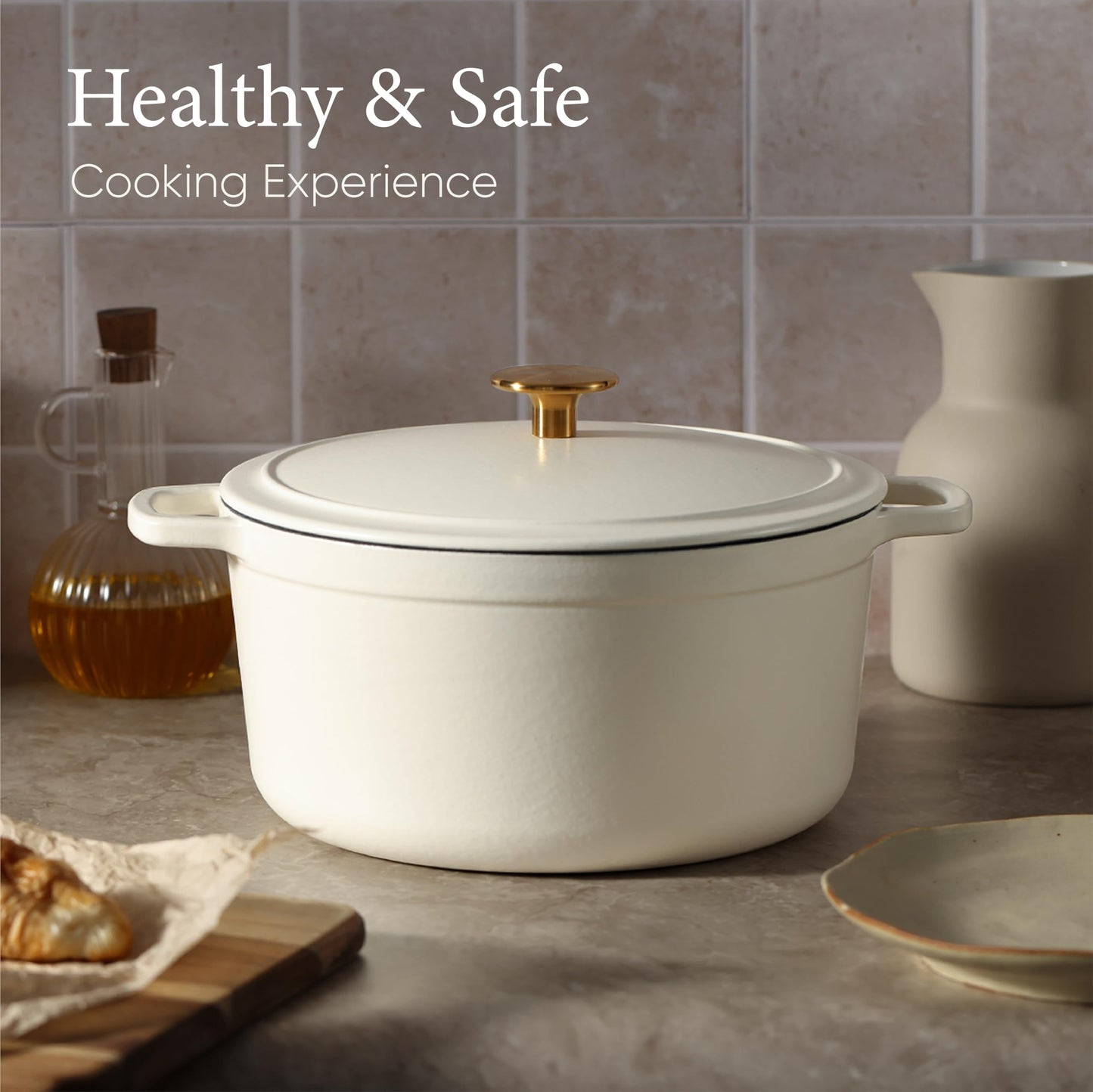 CAROTE 5QT Enameled Cast Iron Dutch Oven Pot with Lid, Heavy-Duty Dutch Oven for Sourdough Bread Baking, Braising, Stews, Roasting, Healthy & Non-Toxic, Dual Handles, All Stovetop Compatible, Oven Safe up to 500° F, Cream White