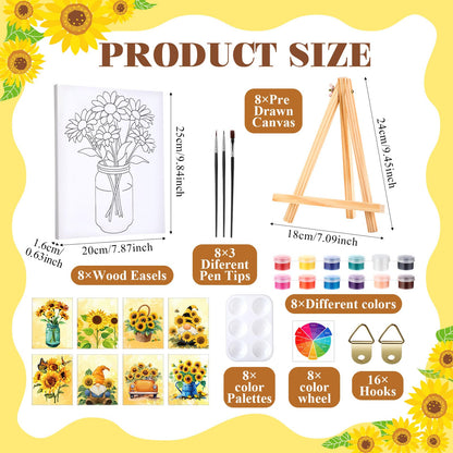 Humyoun 8 Sets 8" x 10" Sunflower Pre Drawn Canvas to Paint for Sip and Paint Party Sunflower Predrawn Coloring Set Pre Sketched Canvas Boards with Paints and Brushes for Adult