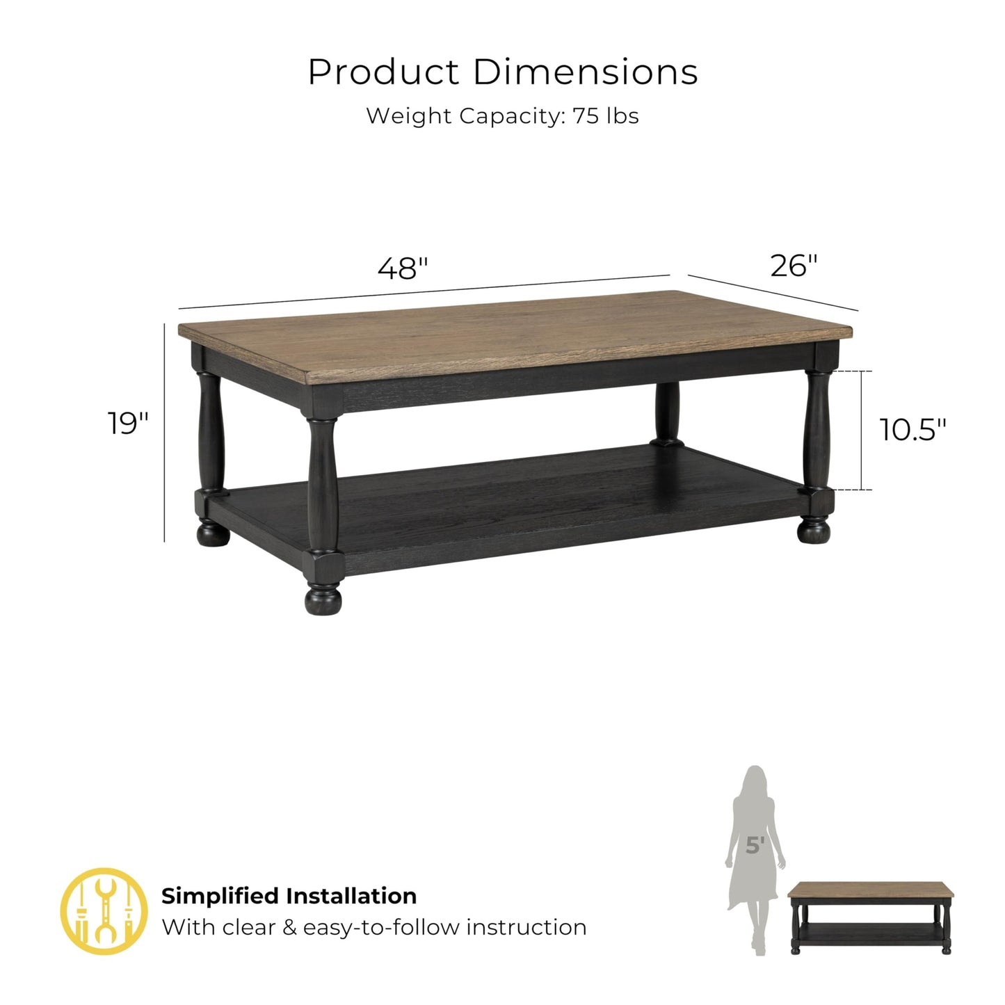 Furniture of America Narella Solid Wood 48-inch Rectangular Coffee Table with Two-Toned Design and Farmhouse Legs for Living Room, Weathered Black