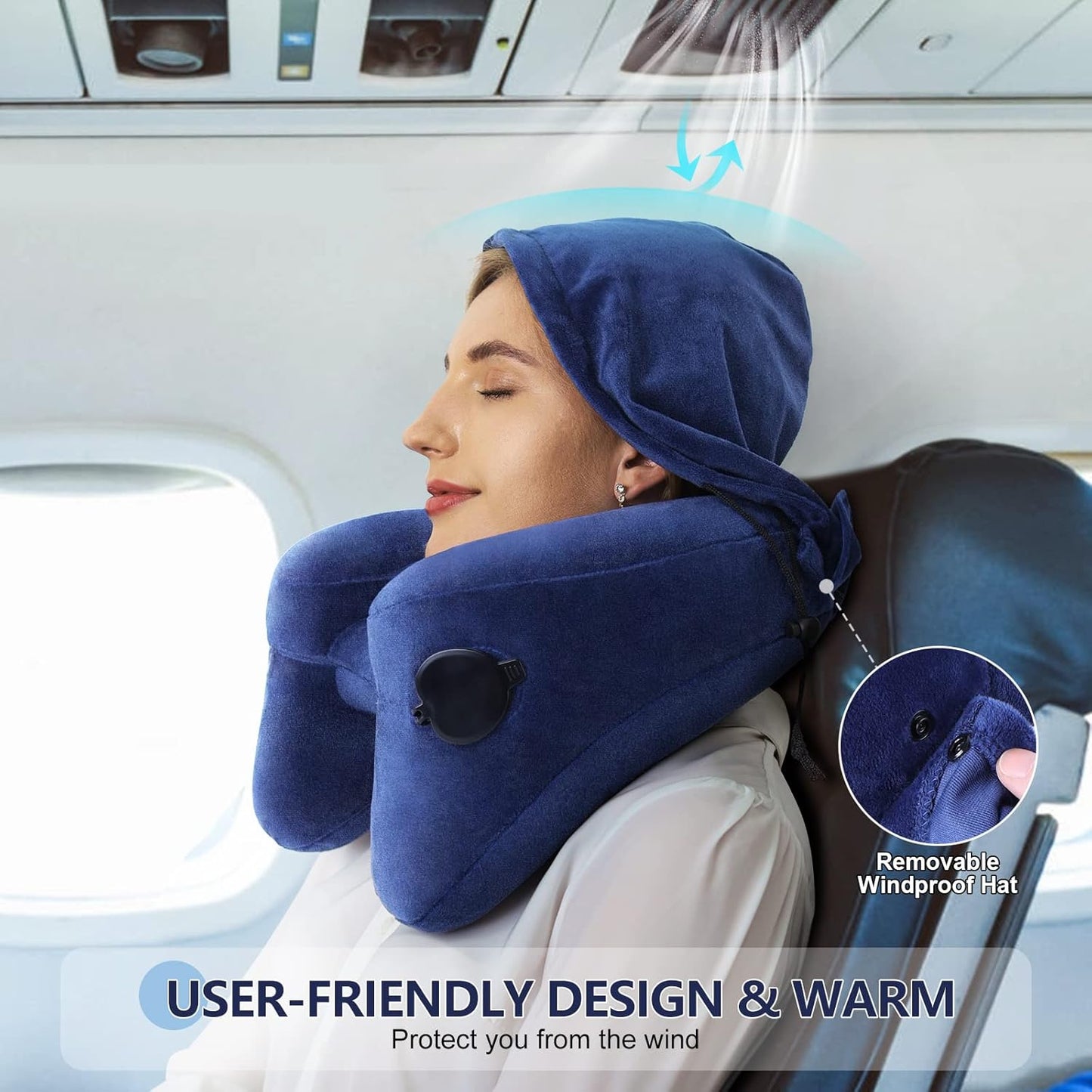 Sunany Neck Pillow for Travel - Inflatable Airplane Pillow with Soft Velour Cover and Portable Drawstring Bag (Blue)