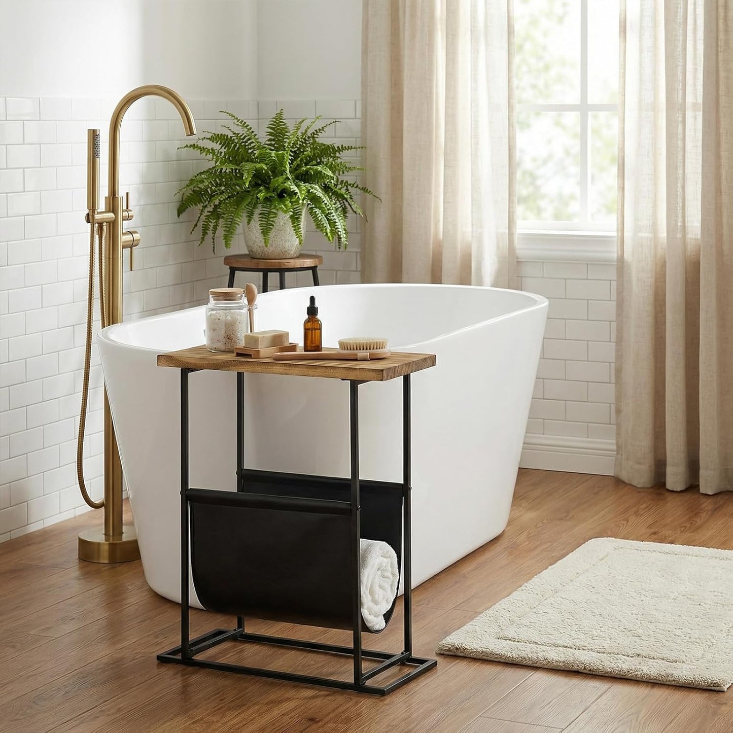 21-Inch MyGift Modern Narrow Living Room End Table with Solid Burnt Wood Tabletop and Black Metal Frame, Bedroom