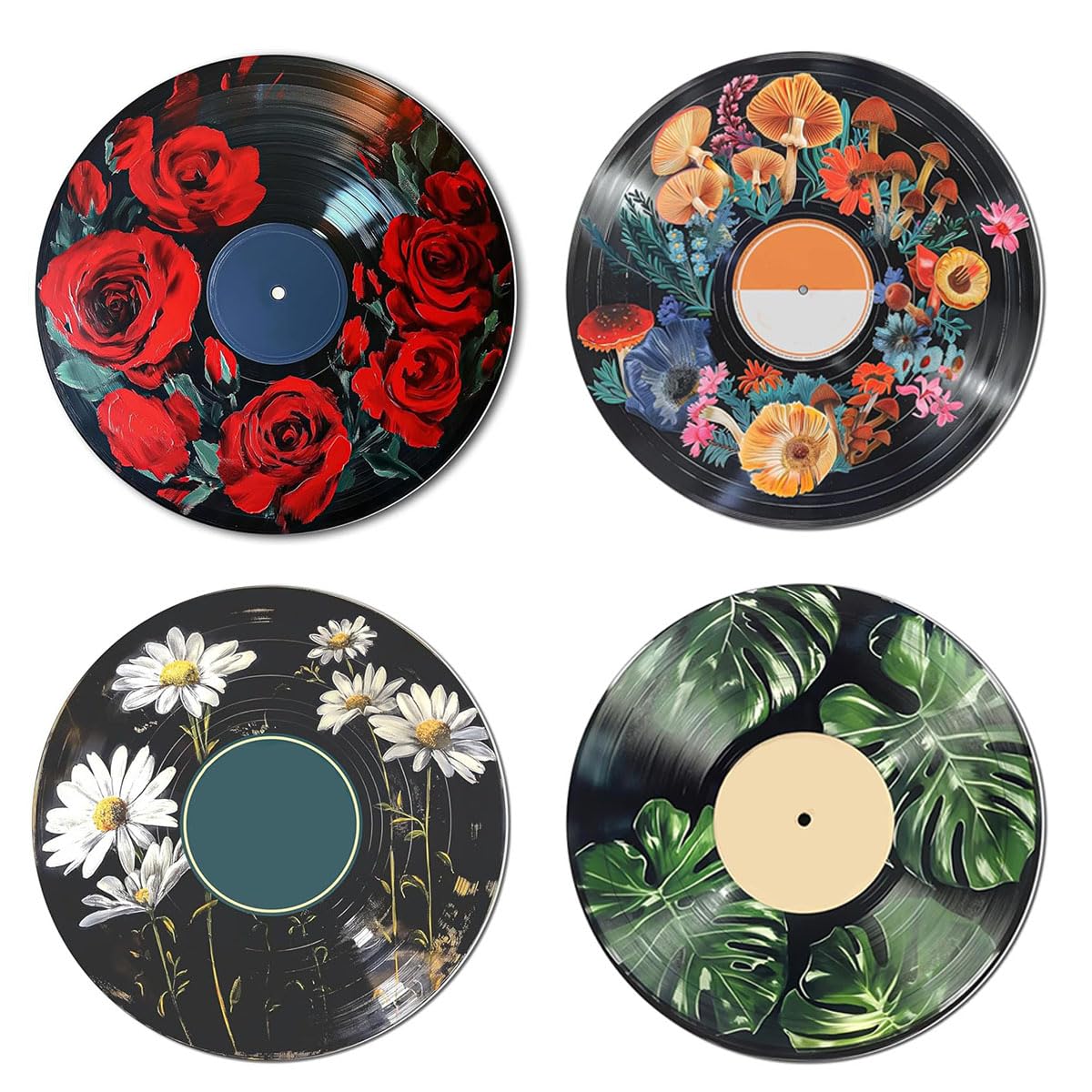 4 Pack Retro Vinyl Record Diamond Art Kits for Adults,Flower Diamond Painting Kit for Adults,DIY5D Diamond Dots Gem Painting Kit for Beginners,Diamond Art and Craft Paintings Wall Decor 12x12inch