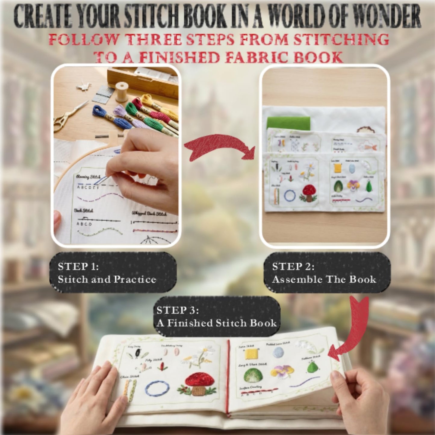 TenDawn Beginner Embroidery Stitch Book with Fabric Pages, 32 Essential Stitches in Structured Learning Order for Adults, DIY Sewing Kit with Floral Motifs, Practice Patterns