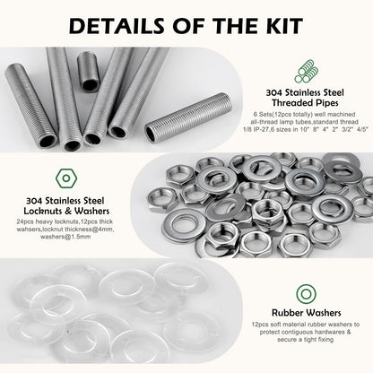 Stainless Steel Lamp Pipe,Lamp Repair Hardware Assortment,SS304 Lamp Assembly Hardware Including 10" Nipples,Washers & Locknuts.Threaded Lamp Rod for Outdoor Lamps (304 Stainess Steel)
