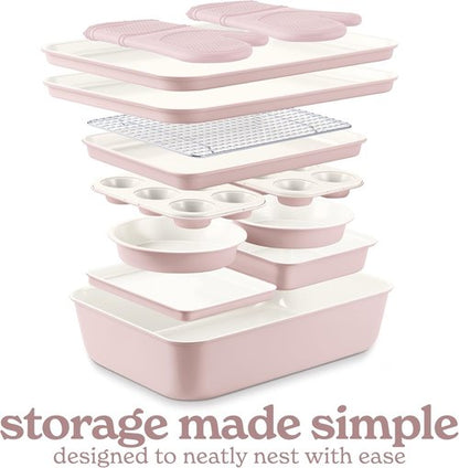 Country Kitchen Nonstick Bakeware Set - Deluxe 13-Piece Heavy Duty Baking Set in Pink with Easy Release Handles