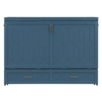 Merax Queen Size Murphy Cabinet Bed with Storage Drawers, Wall Murphy Bed with a Set of Sockets & USB Ports, Folding Platform Bed for Small Room