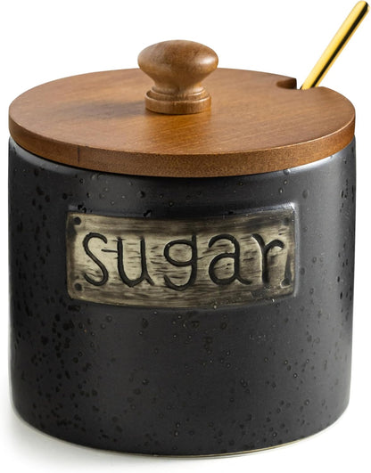 15 Oz LYEOBOH Black Sugar Bowl with Lid and Spoon, Farmhouse Sugar Container Holder for Coffee Bar Accessories, Food