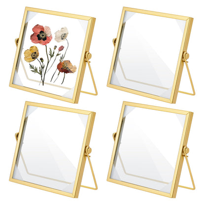GLASSWINDS 4Pcs Pressed Flower Frame, Double Glass Frame for Pressed Flowers Handmade, 6x6 Inches Clear Glass Picture Frames, Gold Floating Frames for Press Flower Tabletop Display DIY Birthday Gift