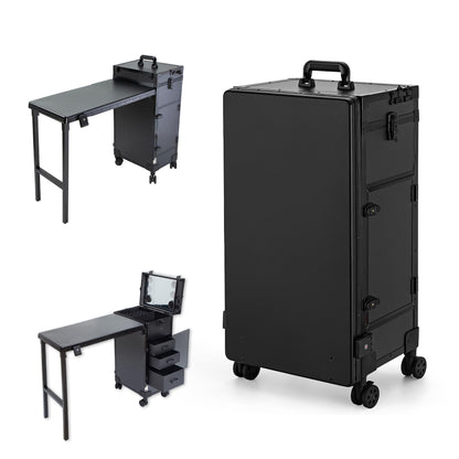 Gdsshuhung Portable Nail Desk with LED Mirror, Heavy Duty Foldable Manicure Table with 3 Drawers, Rolling Makeup Train Case Cosmetology Trolley on Wheels, Mobile Nail Tech Workstation (Black)