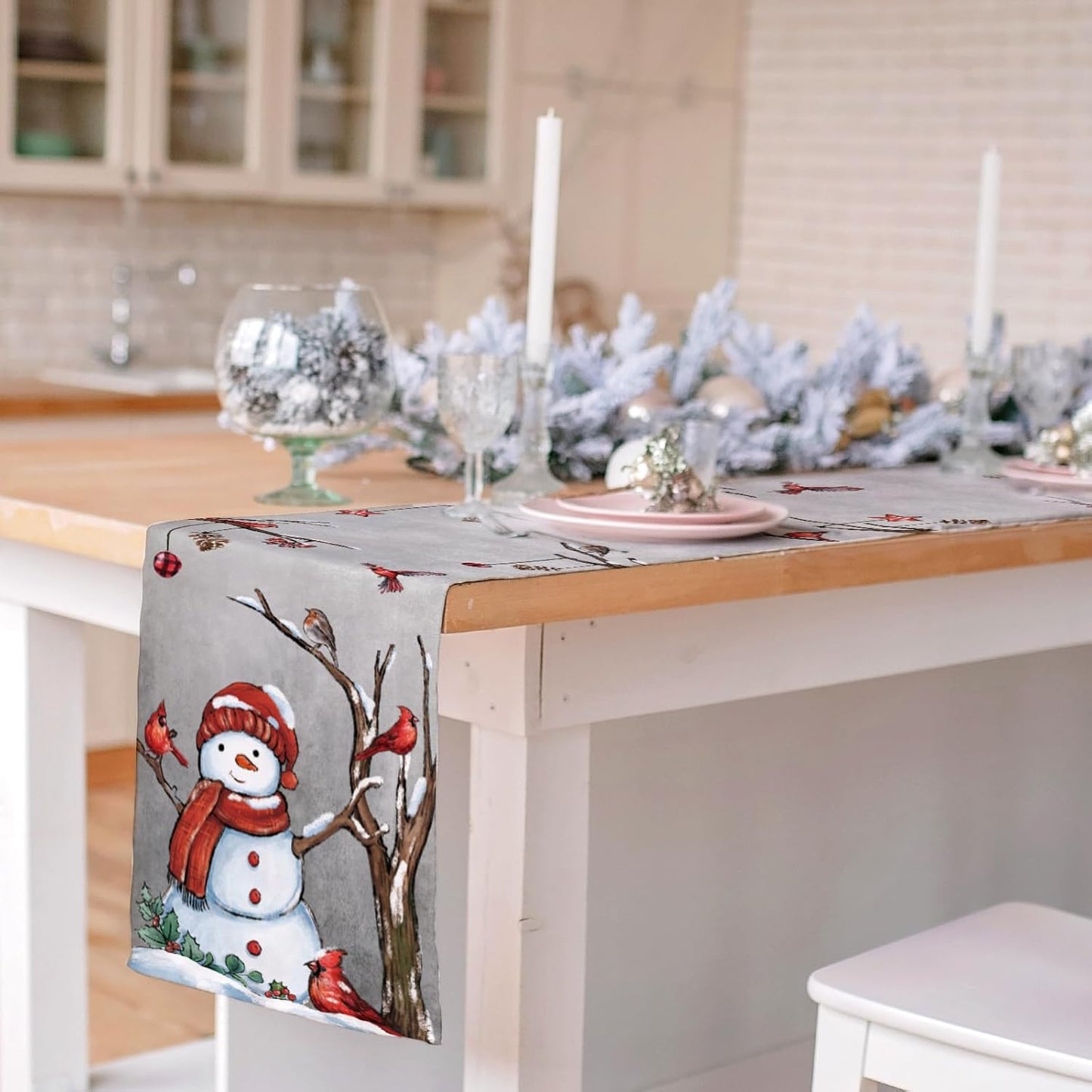 13x108 Inch Christmas Red Bird Branch Table Runner Snowman Cardinal Burlap Table Runners, Winter Xmas Seasonal Coffee
