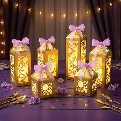 Renbuzhu 15PCS Princess Party Decorations Gold Sun Lanterns Centerpieces with LED Lights Ribbon for Girls Birthday Table Decor (Batteries Not Included)