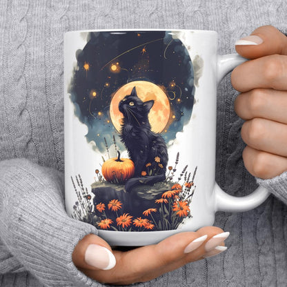 Mystical Black Cat Full Moon Coffee Mug, Witchy Halloween Cup, Spooky Autumn Season Aesthetic (15oz)