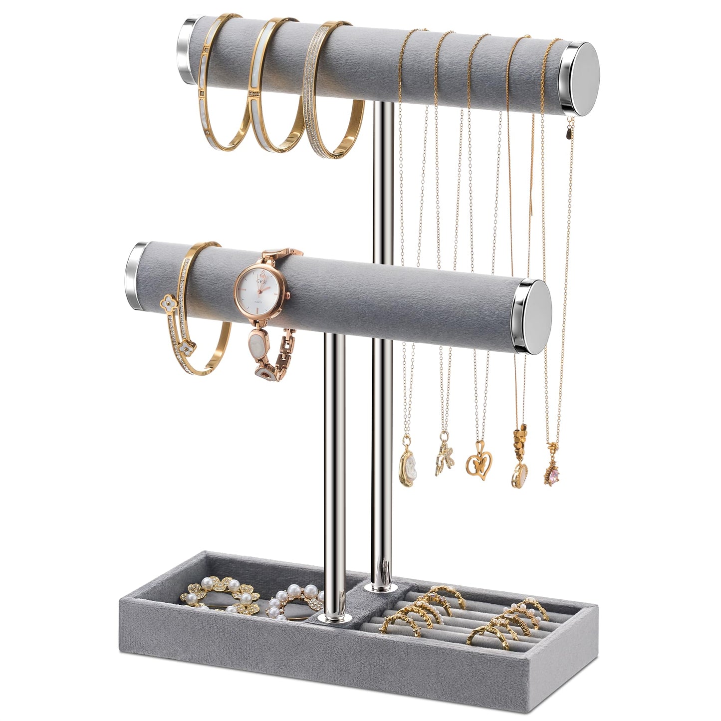 bussdis 2 Tier Bracelet Holder Display - Detachable T Bar Grey Velvet Bracelet Holder, Jewelry Holder Organizer for Bracelet, Necklace, Earrings, Rings