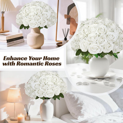 jabeick 50 Pcs Fake Roses White Artificial Flowers Bulk, Faux Velvet Silk Rose Bouquet with Long Stems Real Look for Wedding Party Centerpieces Vases Decor