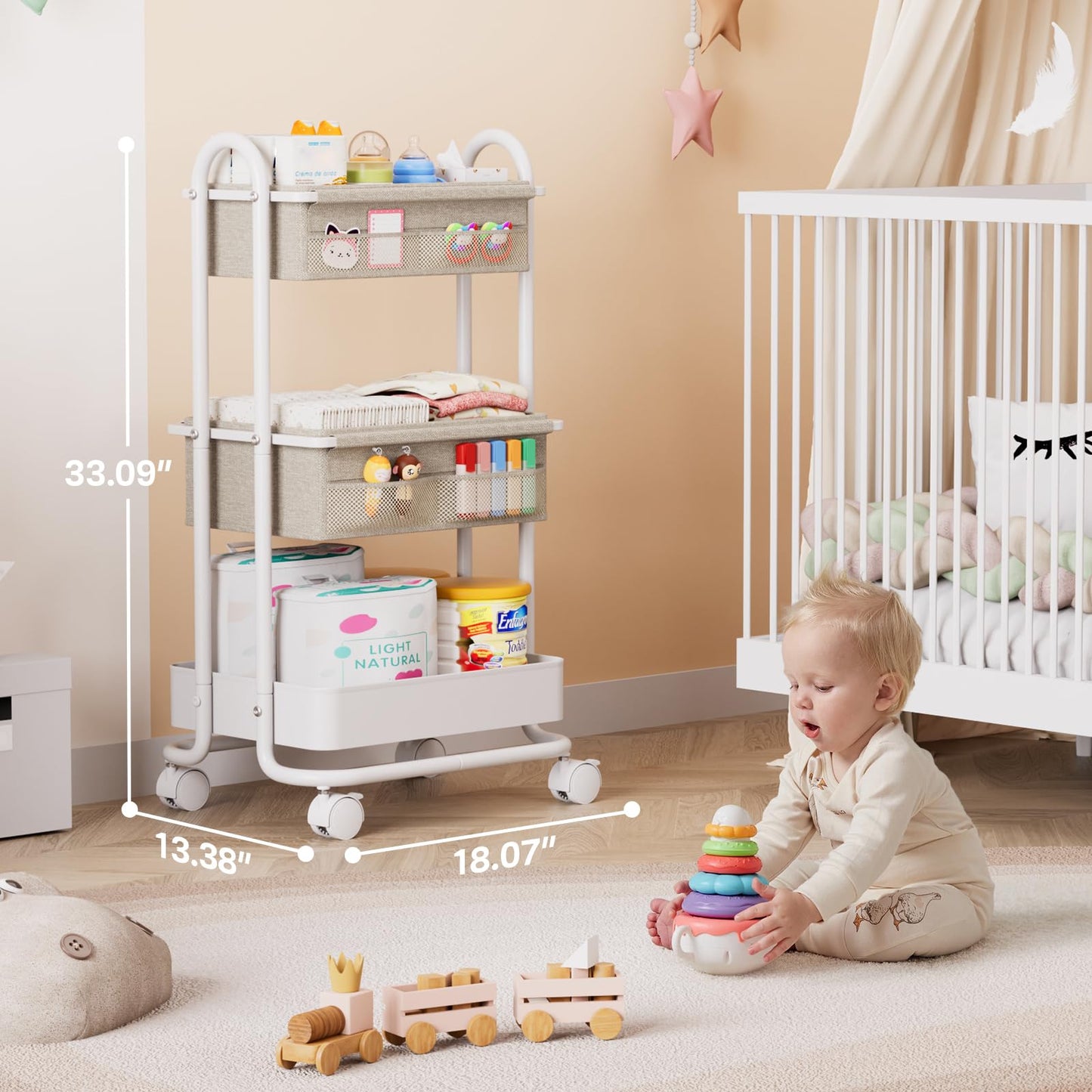 Modanais Baby Diaper Caddy Organizer Cart - 3 Tier Rolling Storage Cart with Wheels, Baby Essentials Nursery Storage, Detachable Dividers - for Crib, Bedroom, Art & Craft Organizer (Off White)