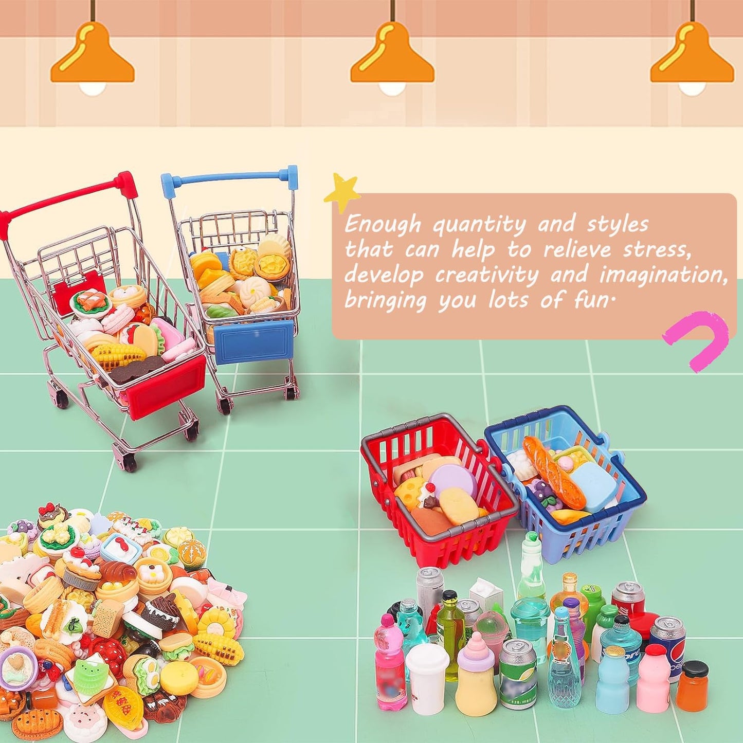 135Pcs Mini Shopping Cart Basket Miniature Food Drink Toy Supermarket Metal Handcart Dollar Bills Toys Dollhouse Store Grocery Accessories Kitchen Cosplay Play Game Party Model