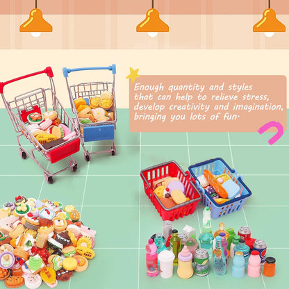 135Pcs Mini Shopping Cart Basket Miniature Food Drink Toy Supermarket Metal Handcart Dollar Bills Toys Dollhouse Store Grocery Accessories Kitchen Cosplay Play Game Party Model