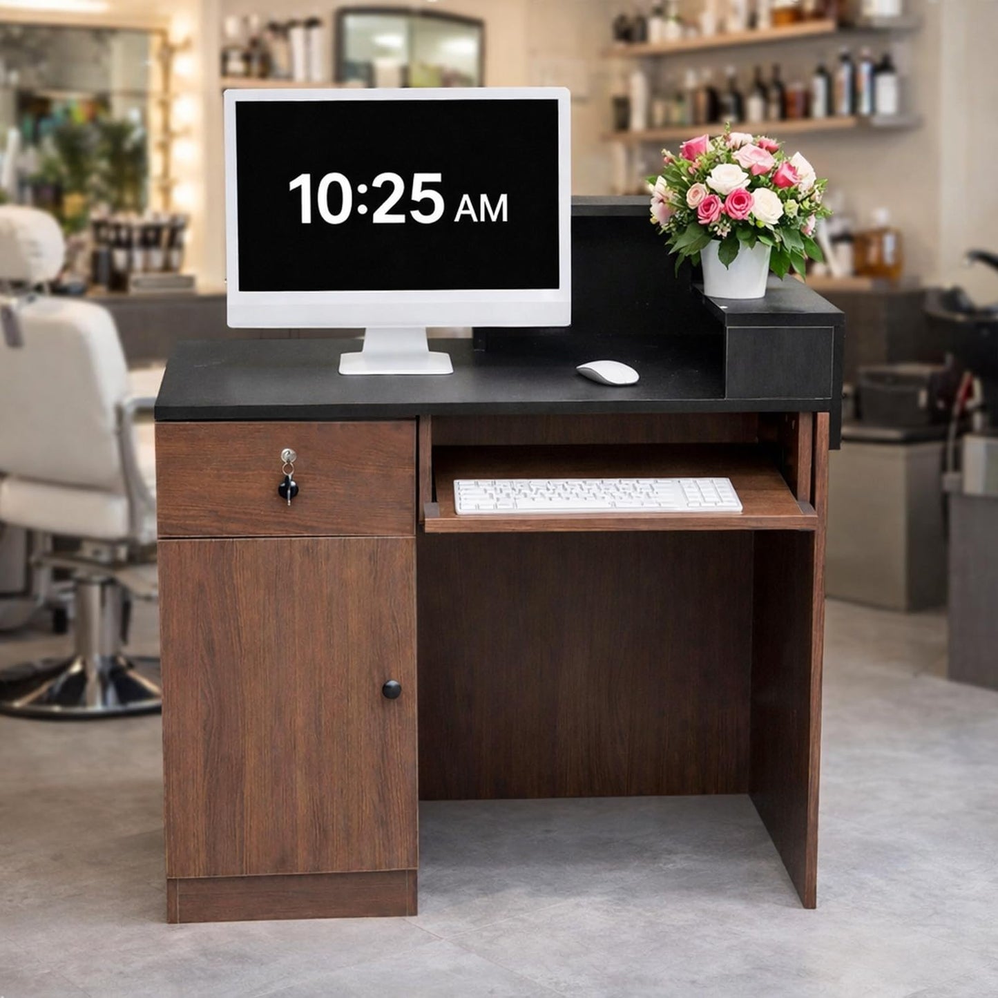 Modern Reception Desk with Storage Drawer & Counter Shelf, 39.4" Front Counter Reception Table for Office, Salon, Lobby, Retail Store (Walnut, Left Table)