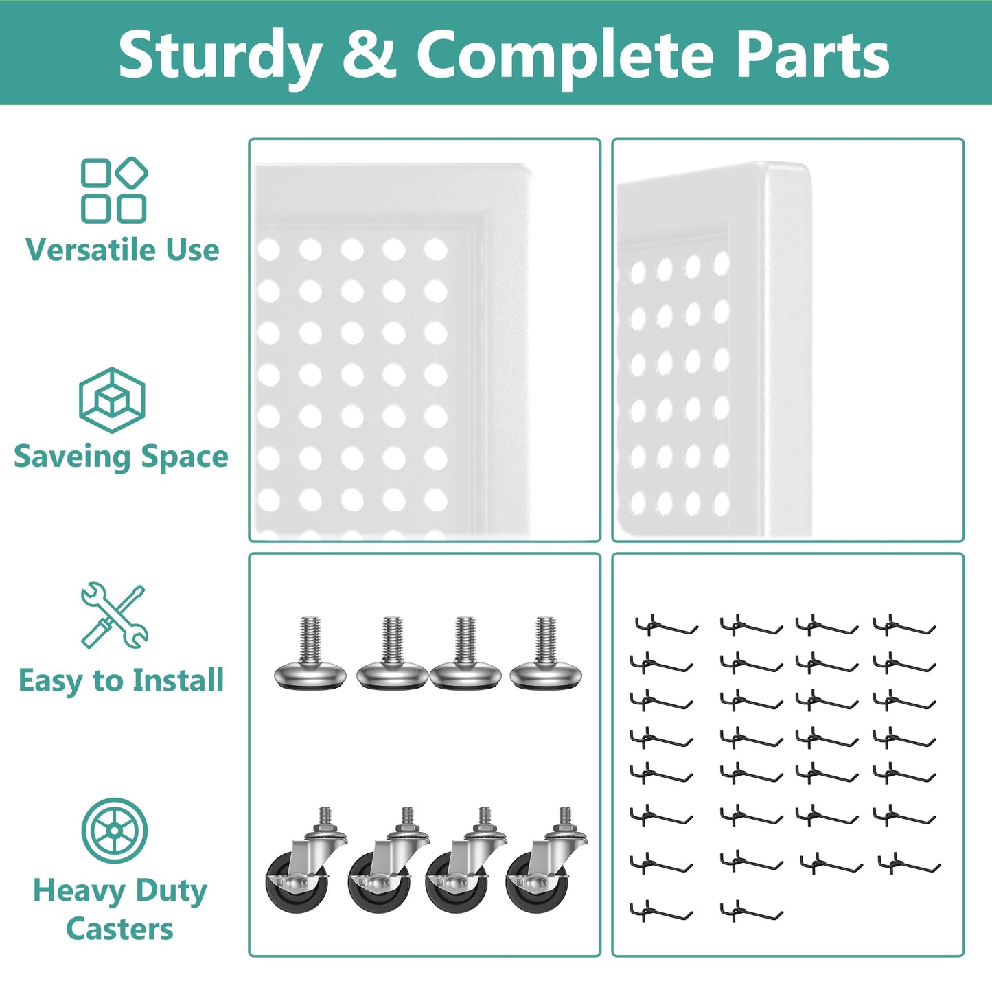 CursorTech Pegboard Display Stand with 32 Hooks 24" X70” Metal Pegboard on Wheels and T-Base Heavy Duty Standing Rack Organizer Panels Units for Ornament Retail & Vendors Craft Show Store Display
