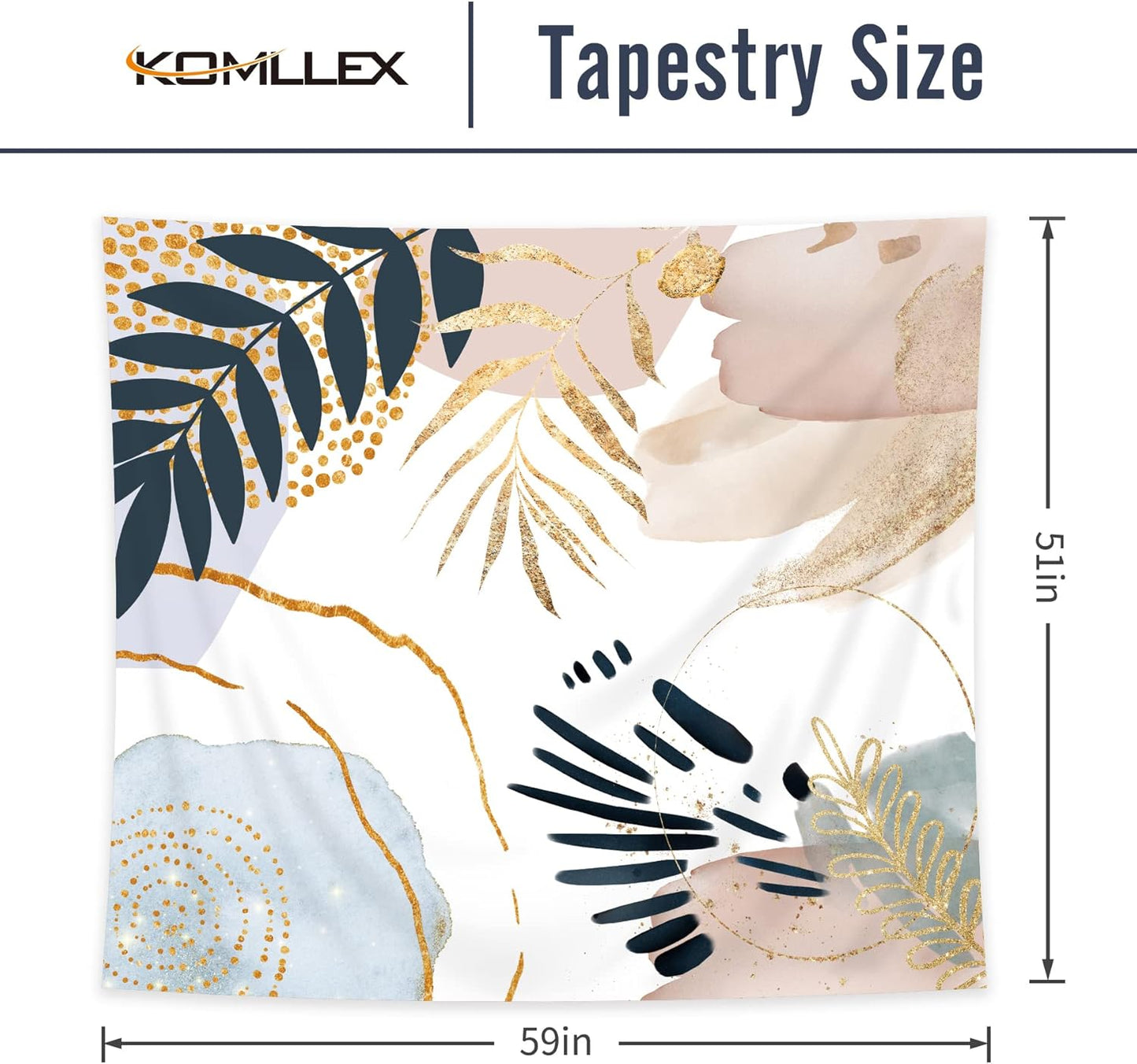 KOMLLEX Boho Abstract Tapestry 59Wx51H Mid Century Geometric Minimalist Wall Hanging Pink Blue Gold Leaves Decor