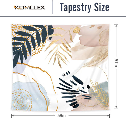 KOMLLEX Boho Abstract Tapestry 59Wx51H Mid Century Geometric Minimalist Wall Hanging Pink Blue Gold Leaves Decor