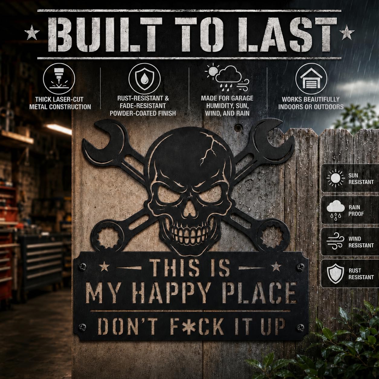 YXESO This Is My Happy Place Sign, 12 in Funny Black Metal Garage Metal Wall Art Sign with Skull & Wrench Design for Man Cave, Workshop, Tool Shed, Home Bar, Mechanic Dad Decor