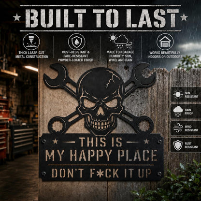 YXESO This Is My Happy Place Sign, 12 in Funny Black Metal Garage Metal Wall Art Sign with Skull & Wrench Design for Man Cave, Workshop, Tool Shed, Home Bar, Mechanic Dad Decor