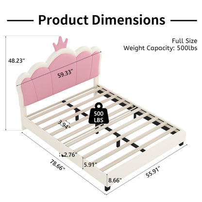 Merax Kid Full Upholstered Day Bed Frame with Crown Headboard, Wood Princess Low Platform Bed for Boys Girls,Easy Assemble White+Pink
