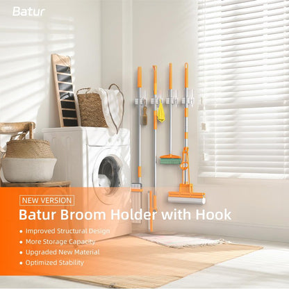 Batur Broom Holder Wall Mount, 4 Pack New Version Adhesive Mop and Broom Holder Wall Mount, Super Anti-Slip Broom Hanger Mop Organizer Wall Hanging for Bathroom, Kitchen, Laundry Room