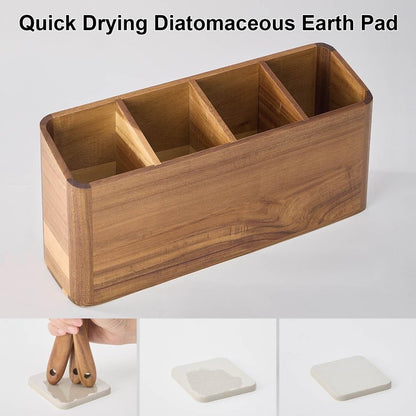 Wooden Utensil Holder for Kitchen Counter, Acacia Wood Kitchen Utensil Holder for Countertop with 4 Compartment, Cooking Utensil Organizer, Silverware Caddy (Acacia Wood, 4Compartment)