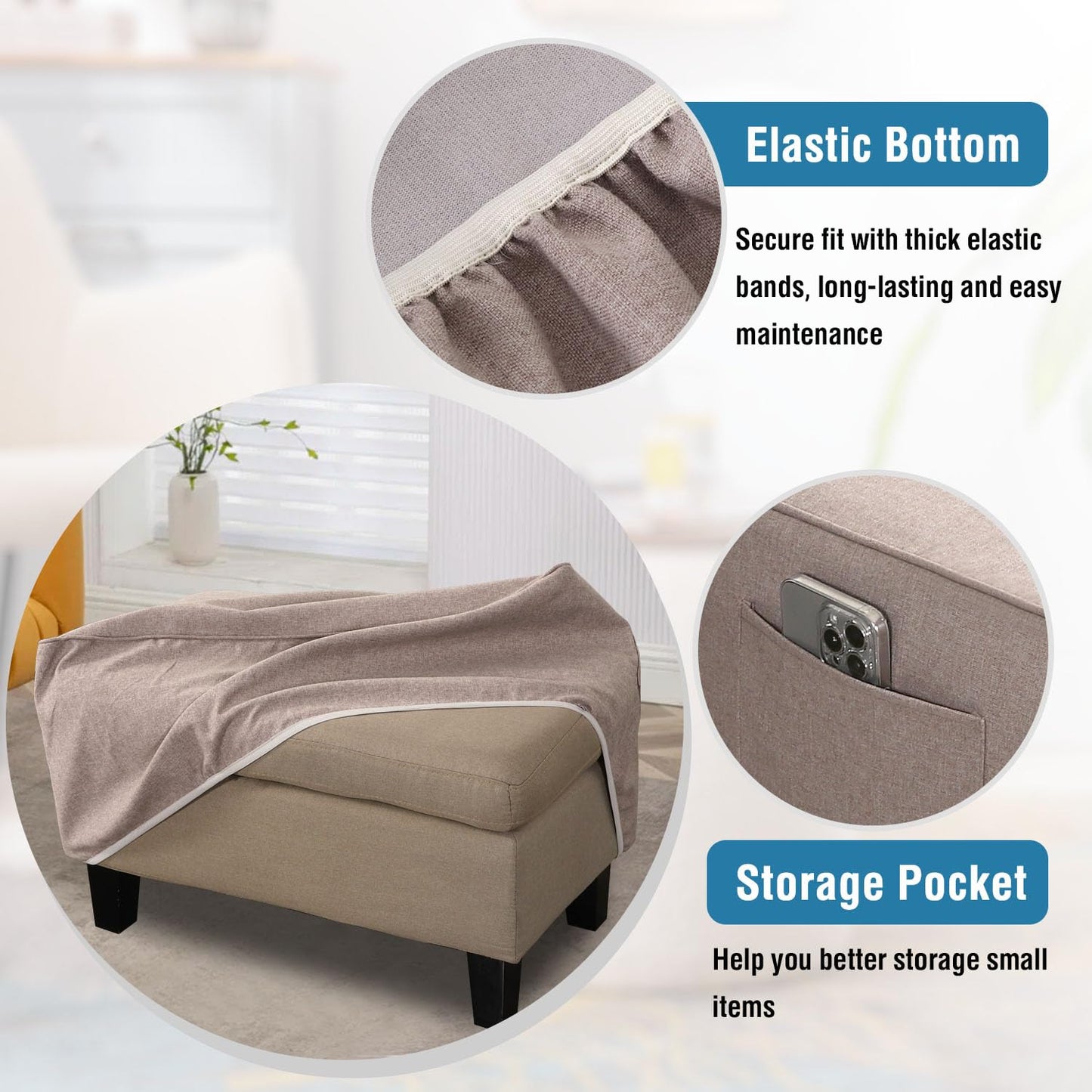 H.VERSAILTEX Sturdy Ottoman Cover Folding Storage Stool Furniture Protector Soft Rectangle Slipcover with Storage Side Pocket Fit Length 33"-34" Footrest Removable Washable - Heather Ivory