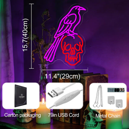 Raven Skull Neon Sign, LED Neon Sign Wall Decor Gothic Raven Light for Bedroom Studio Game Room, Animal Skeleton Bird Art Wall Display 15.7” × 11.4”